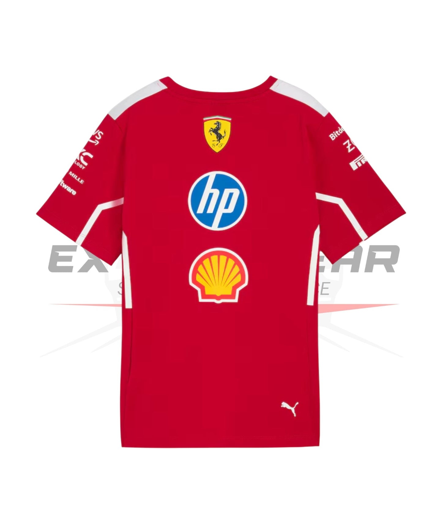 Back of the 2025 Ferrari Team Polo shirt with sleek design and sponsor logos.- Ex Race Gear
