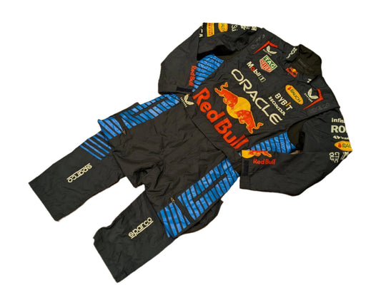 2024 Max Verstappen Replica Go-Kart Racing Suit front view featuring Red Bull Racing livery, sponsor logos, and signature F1 design - Ex Race Gear