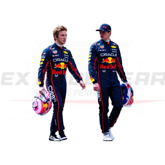 2025 Max Verstappen F1 Oracle Red Bull Suit, showcasing the bold Red Bull livery and sponsor logos.