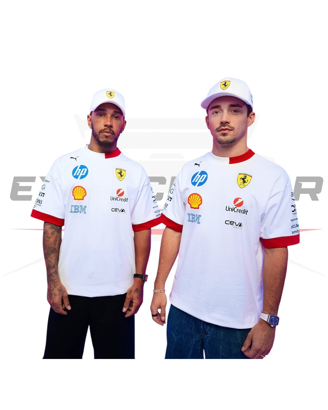 Front view of the Scuderia Ferrari 2025 Drivers Oversized T-Shirt in white with team logo and graphics - Ex Race Gear