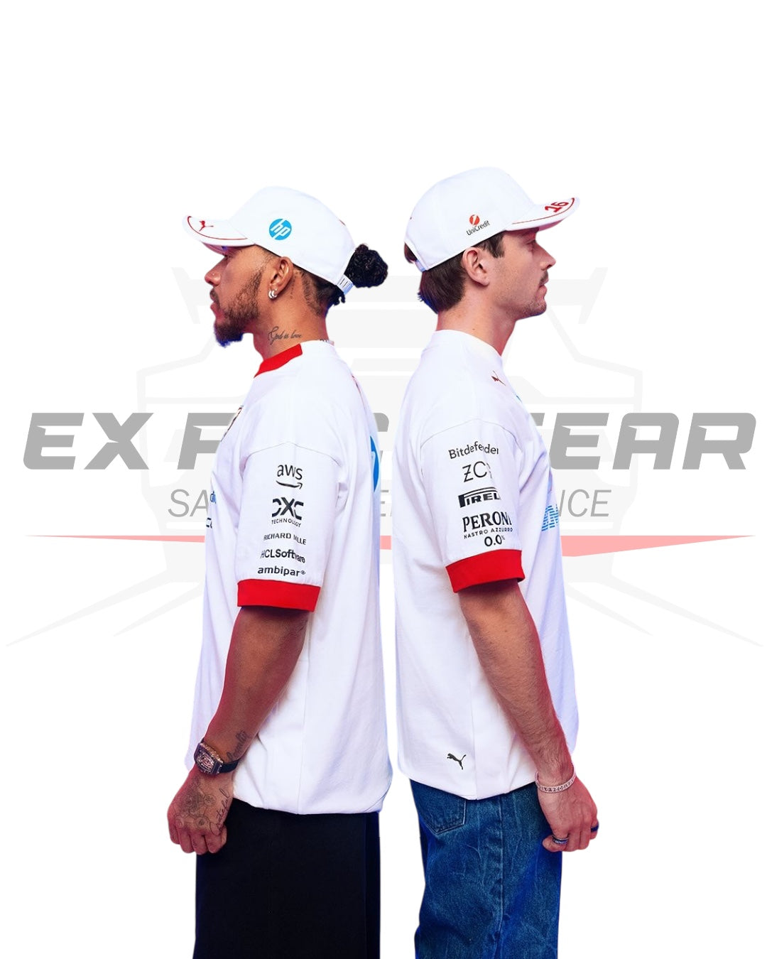 Back design of the 2025 Ferrari F1 oversized white t-shirt featuring driver details. - Ex Race Gear