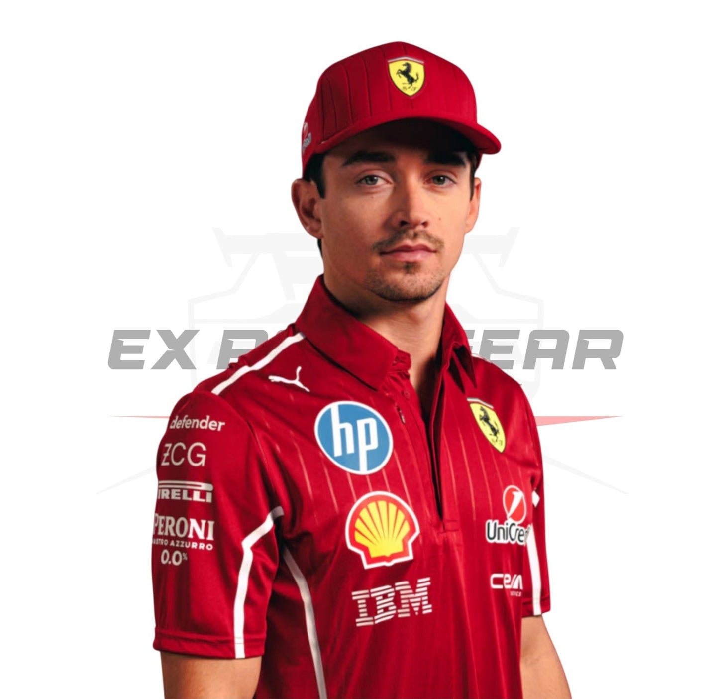 Model wearing the official 2025 Scuderia Ferrari Team Polo. - Ex Race Gear
