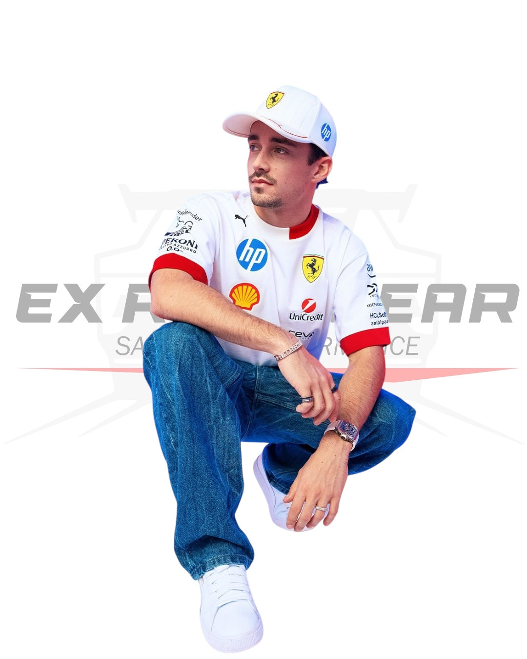 Close-up of the Scuderia Ferrari emblem on the 2025 oversized white tee. - Ex Race Gear