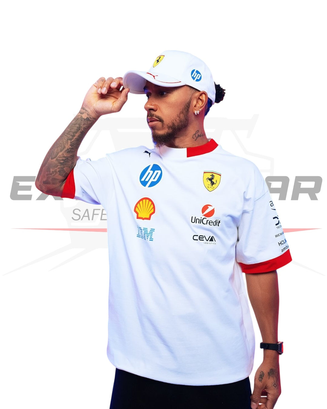 Model wearing the oversized 2025 Ferrari F1 team t-shirt in white. - Ex Race Gear