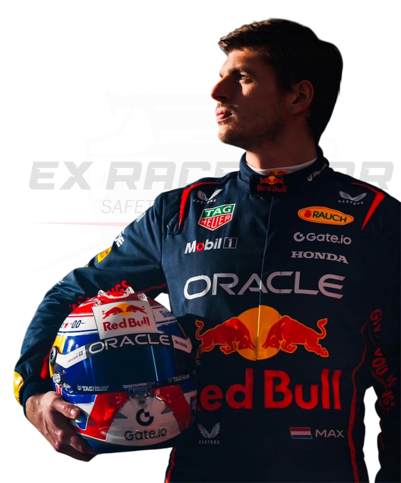 A person wearing the 2025 Max Verstappen F1 Oracle Red Bull Suit on a go-kart track, demonstrating comfort and flexibility Ex Race Gear
