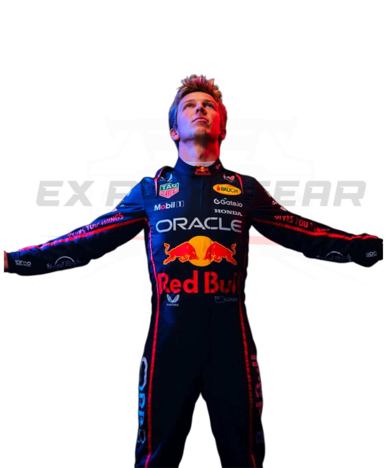 Close-up shot of the Max Verstappen F1 suit zipper and tailored construction, emphasizing the secure front fit Ex Race Gear
