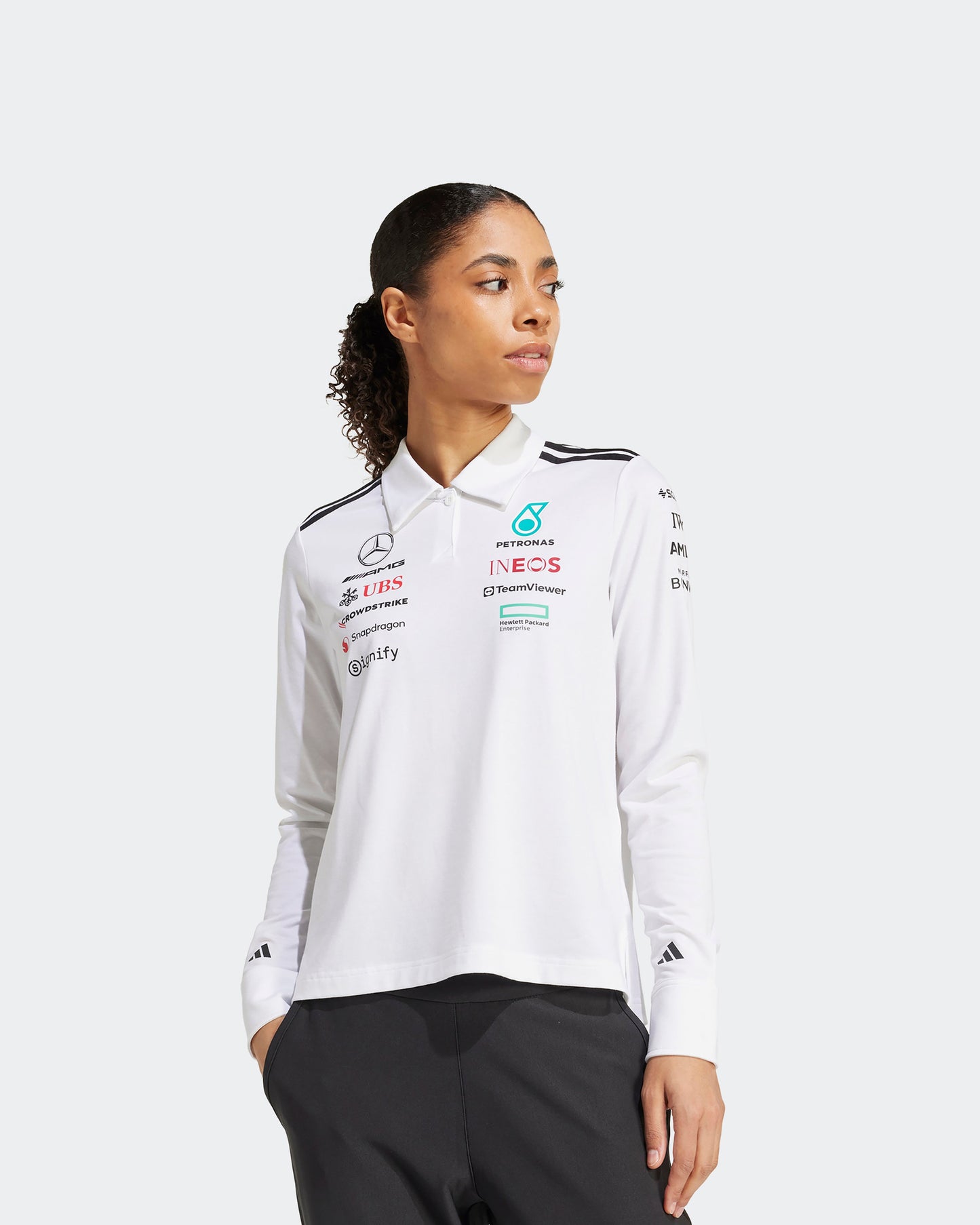 Womens 2025 Team Long Sleeve Polo White Mercedes-AMG PETRONAS F1 Team