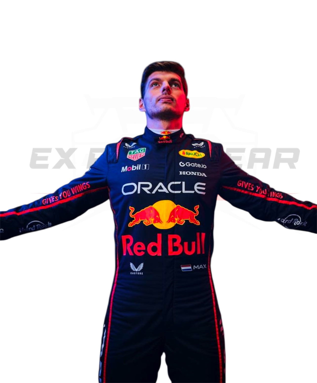 Side view of the 2025 Max Verstappen F1 Oracle Red Bull Suit, highlighting the ergonomic fit and premium fabric. Ex Race Gear