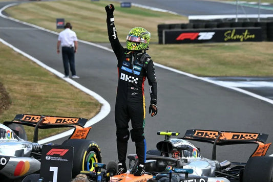 Lando Norris celebrates his victory at Silverstone. A race to remember.