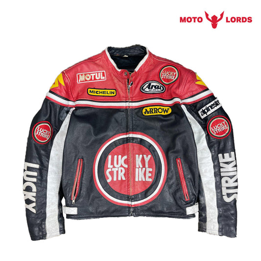 Lucky Strike Leather Jacket in Red and Black MotoLords
