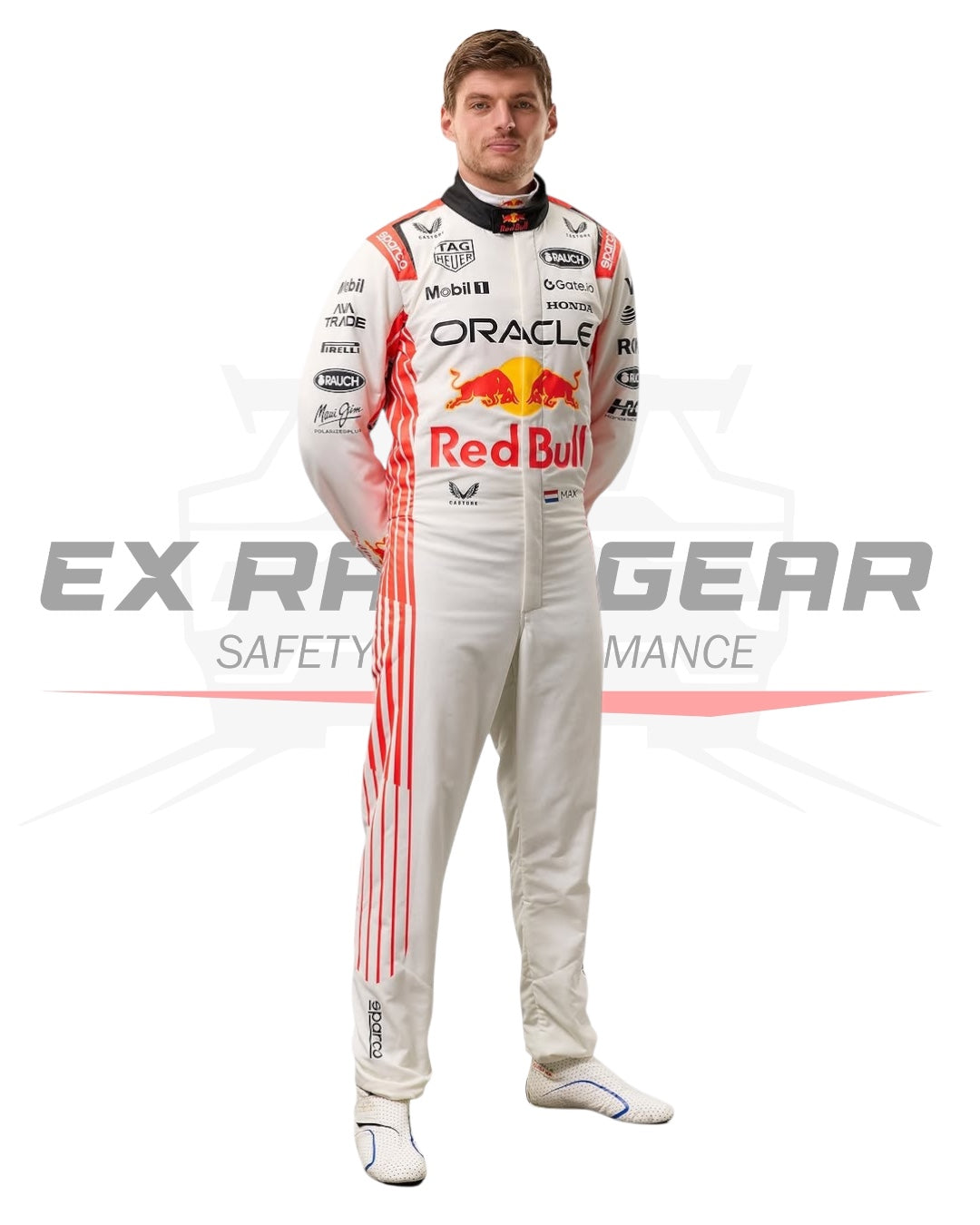 Close-up of the Red Bull Racing logos and Japanese GP detailing on the suit --Ex Eace Gear 
