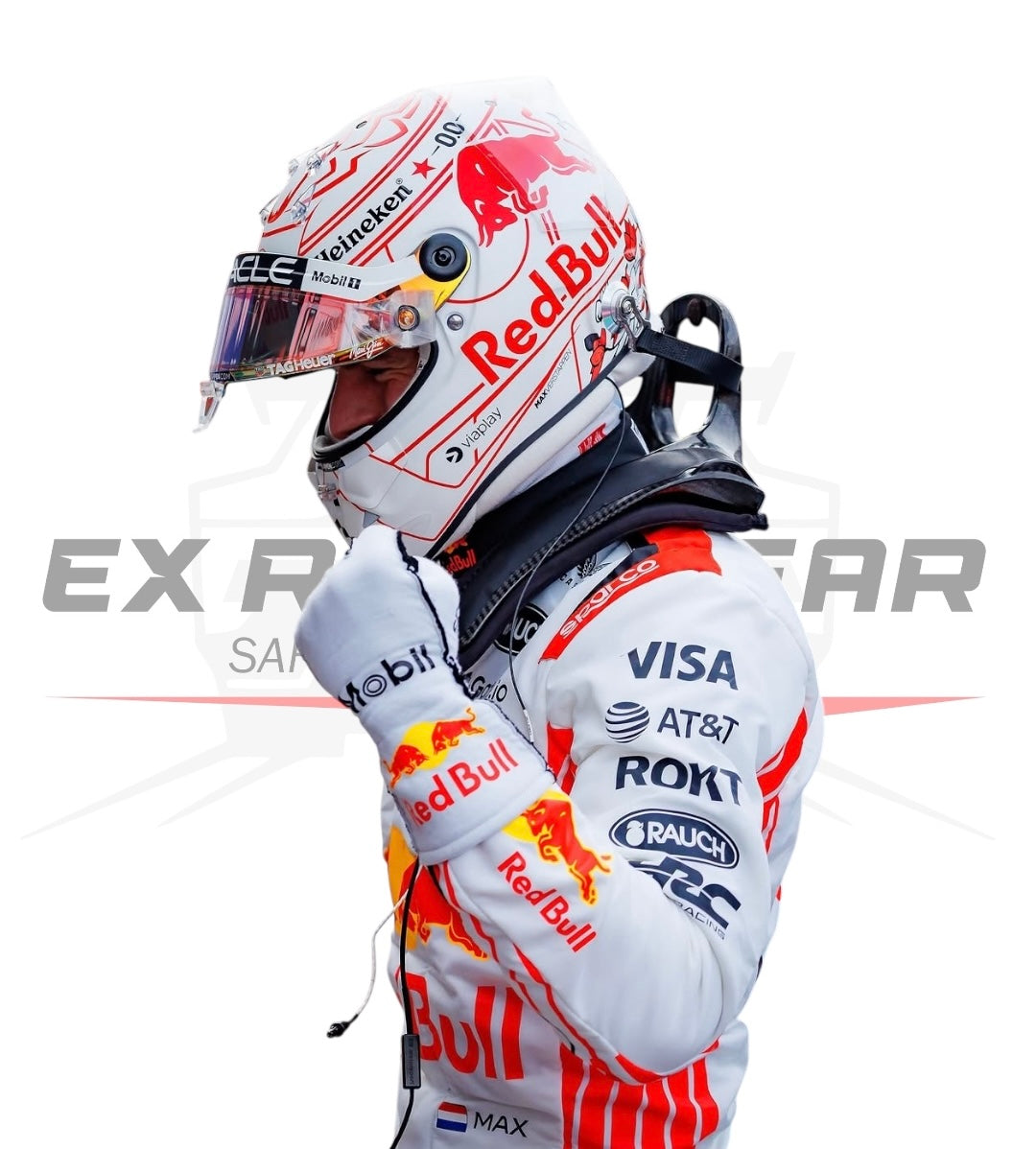 The 2025 Verstappen race suit displayed in a collector’s showcase with lighting - Ex Eace Gear 