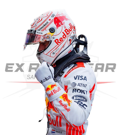 The 2025 Verstappen race suit displayed in a collector’s showcase with lighting - Ex Eace Gear 