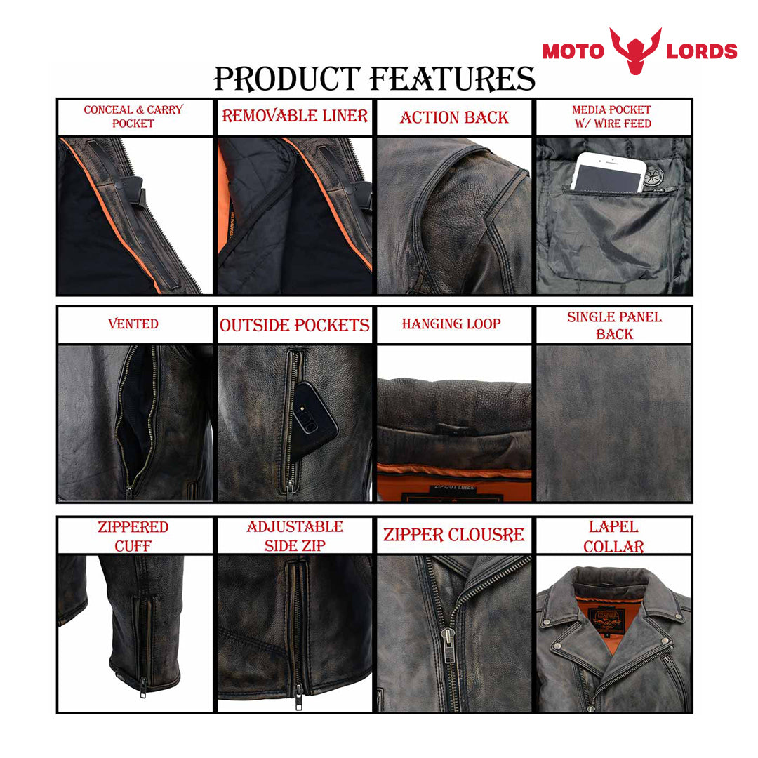 Rider's Choice ML71578 Men's Distressed Brown Triple Stitched' Beltless Motorcycle Leather Jacket | Ex Race Gear