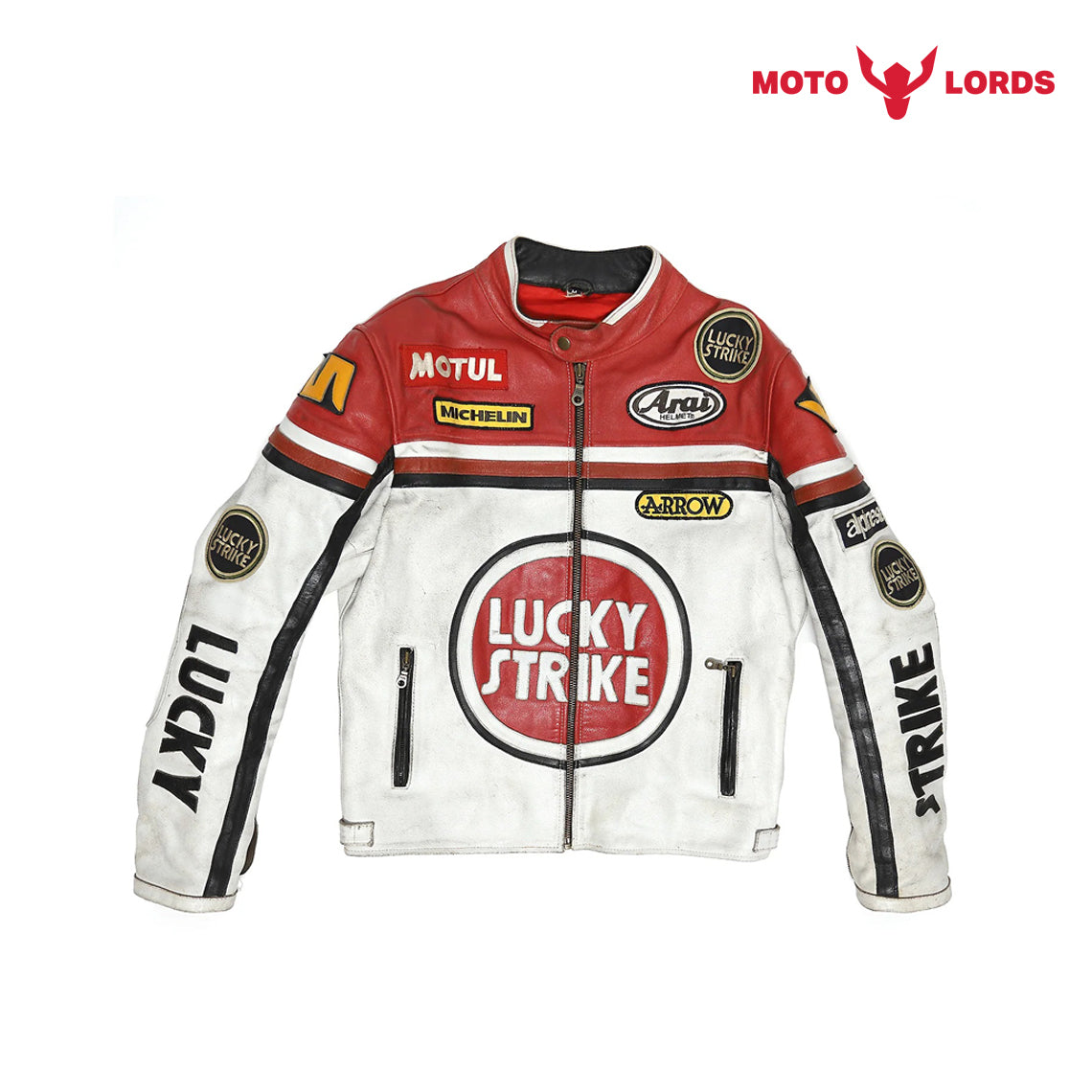 Lucky Strike Leather Jacket in Red and White MotoLords