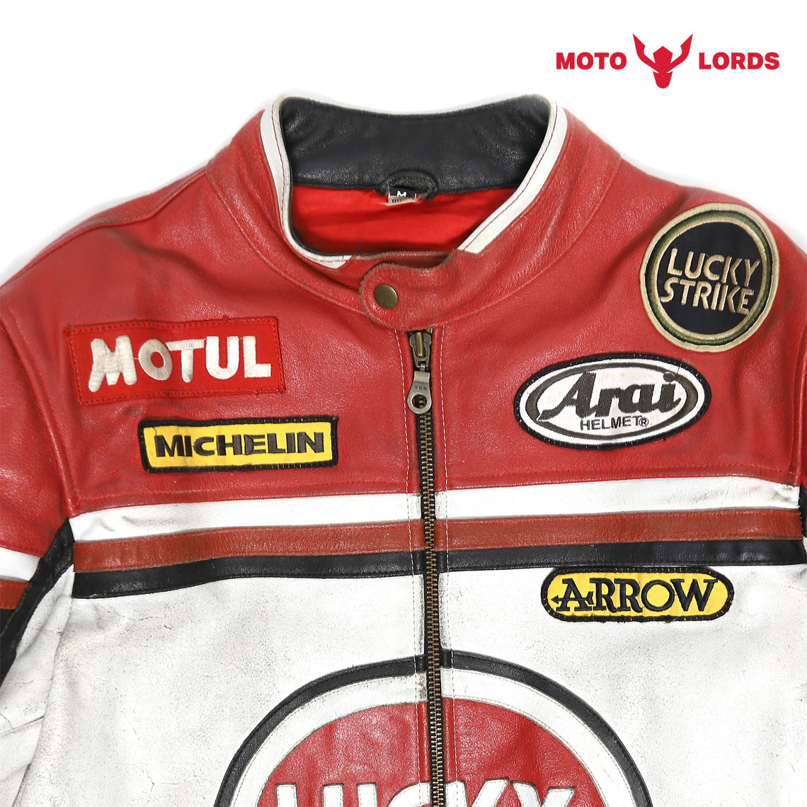 Lucky Strike Leather Jacket in Red and White MotoLords