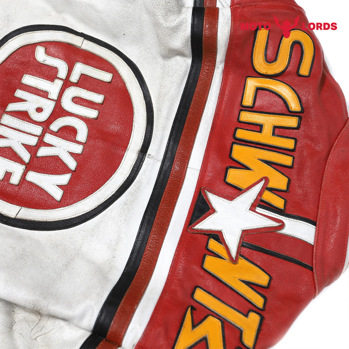 Lucky Strike Leather Jacket in Red and White MotoLords