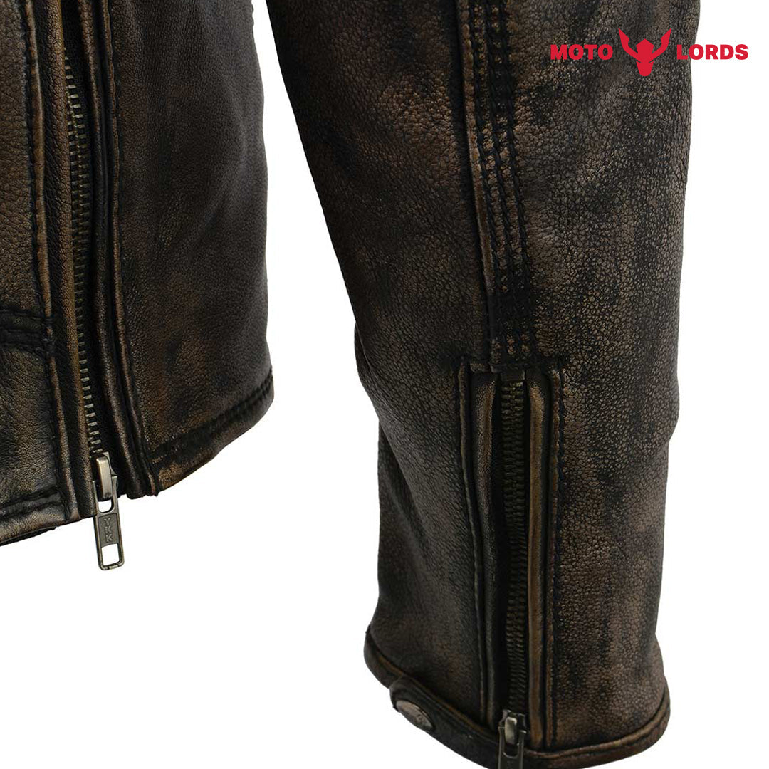 Rider's Choice ML71578 Men's Distressed Brown Triple Stitched' Beltless Motorcycle Leather Jacket | Ex Race Gear