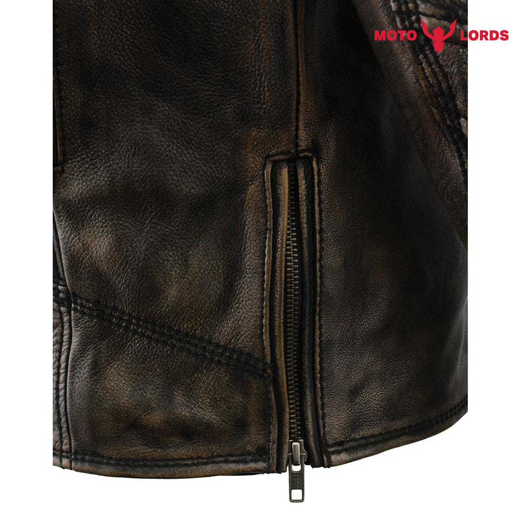 Rider's Choice ML71578 Men's Distressed Brown Triple Stitched' Beltless Motorcycle Leather Jacket | Ex Race Gear