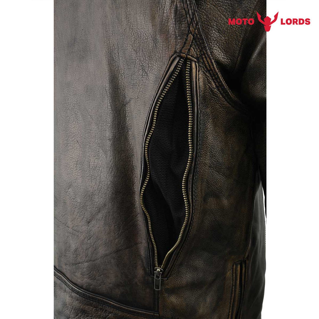 Rider's Choice ML71578 Men's Distressed Brown Triple Stitched' Beltless Motorcycle Leather Jacket | Ex Race Gear