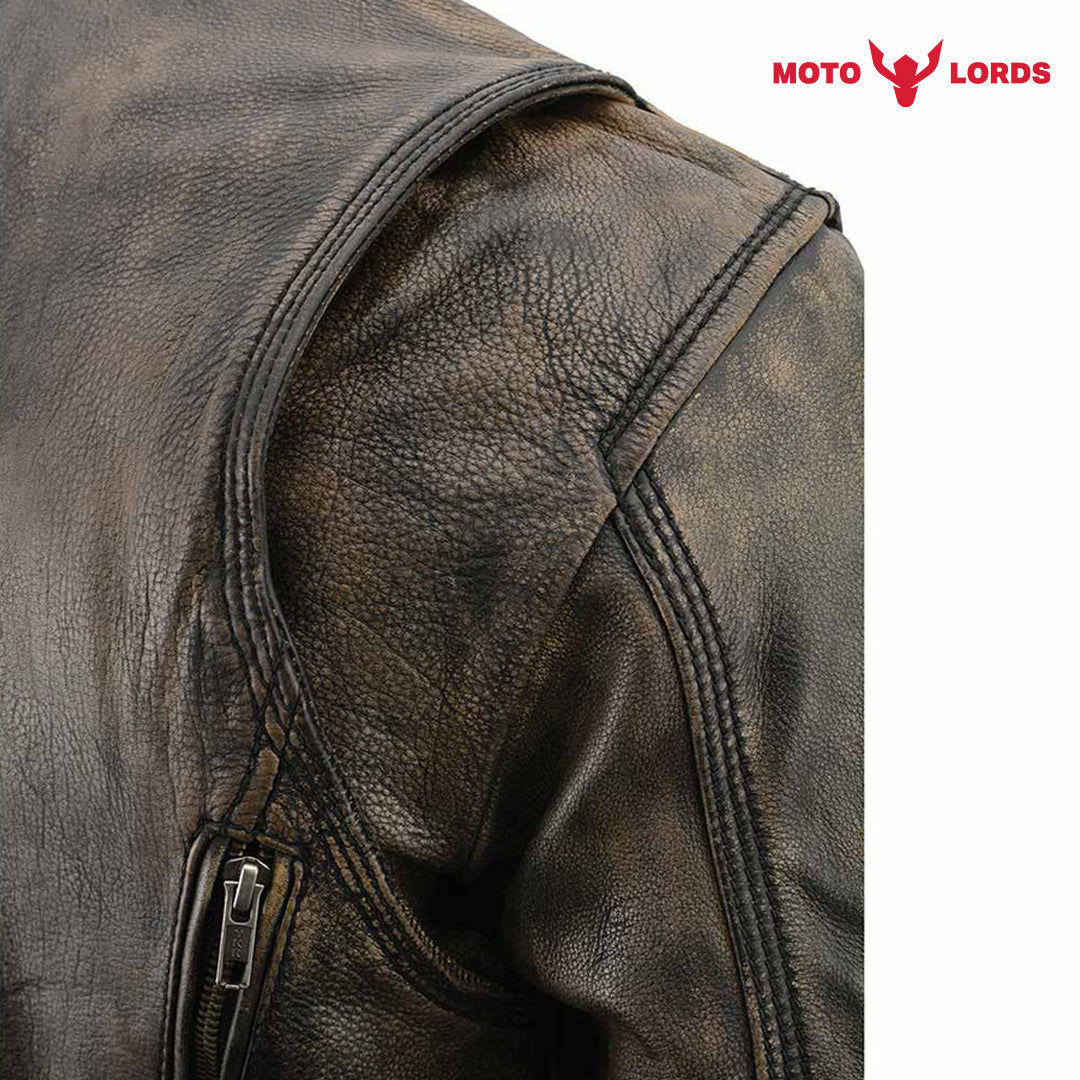 Rider's Choice ML71578 Men's Distressed Brown Triple Stitched' Beltless Motorcycle Leather Jacket | Ex Race Gear