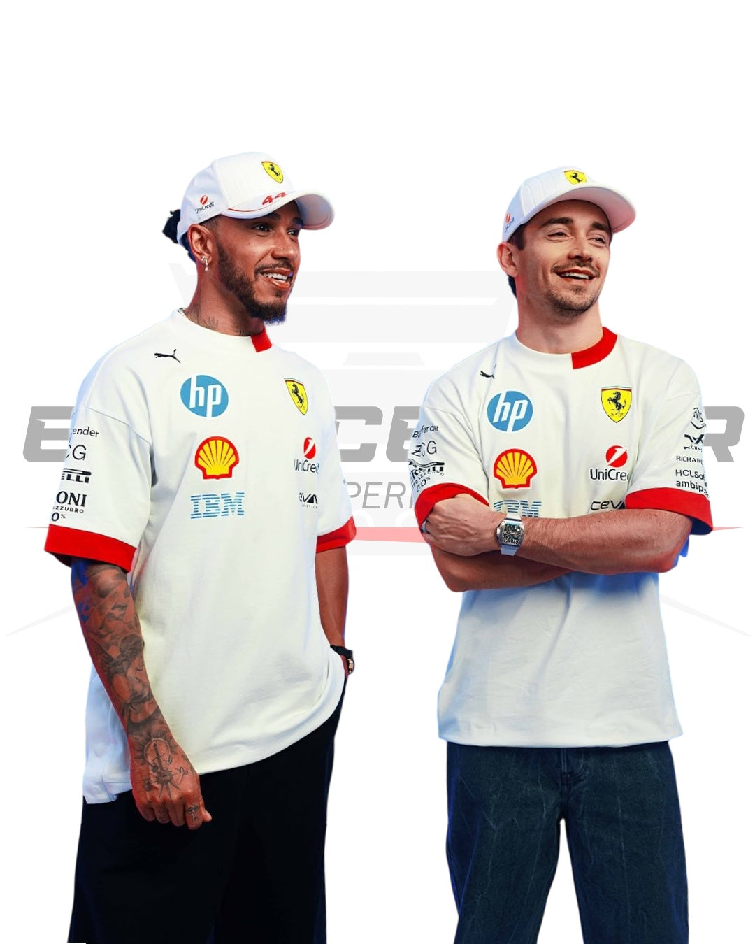 Side angle of the Ferrari 2025 Drivers Oversized T-Shirt showing relaxed fit and fabric detail. Ex Race Gear 