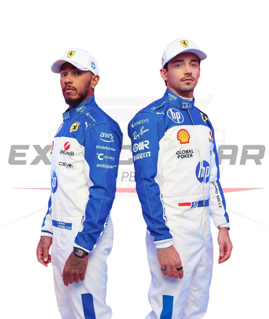 Charles Leclerc and Lewis Hamilton walking through the paddock in their 2025 Ferrari race suits before the Miami GP -Ex Race Gear