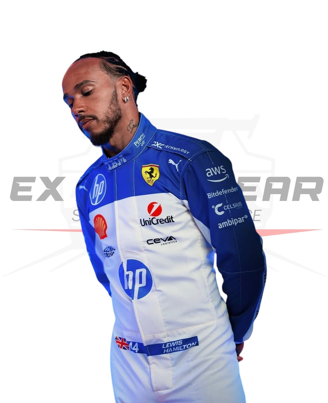 Detailed view of the white and blue Ferrari 2025 race suit with sponsor logos- Ex Race Gear