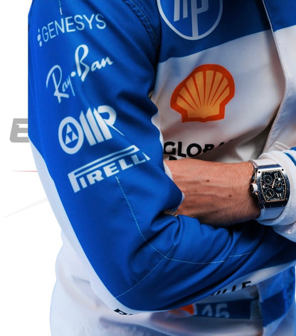 Zoom-in of ergonomic tailoring and breathable fabric on the race suit  Ex Race Gear