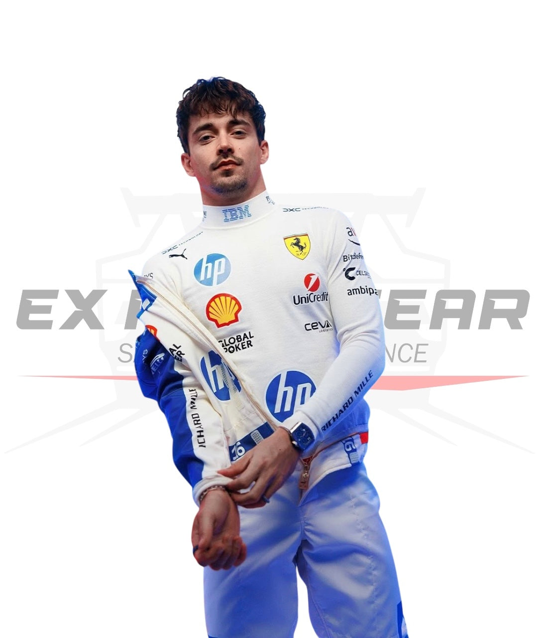 The 2025 Ferrari race suit showcased in a Formula 1 memorabilia collection - Ex Race Gear
