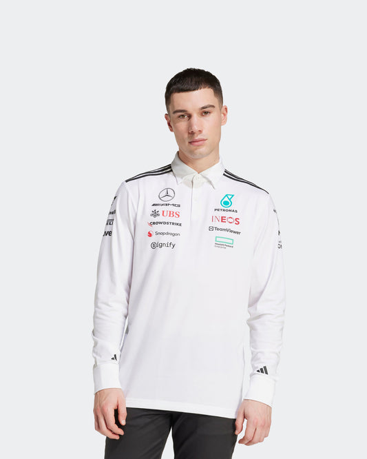 Mens 2025 Team Long Sleeve Polo White Mercedes-AMG PETRONAS F1 Team