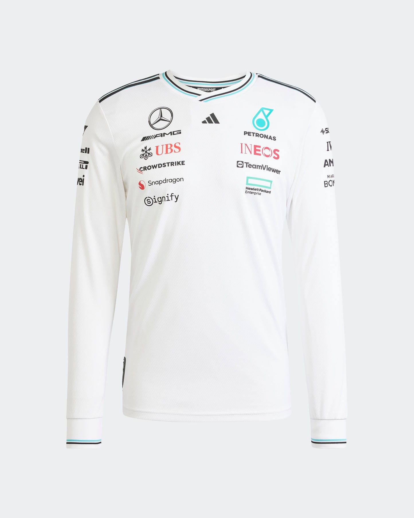 Mens 2025 Authentic Long Sleeve Driver Tee White Mercedes-AMG PETRONAS F1 Team