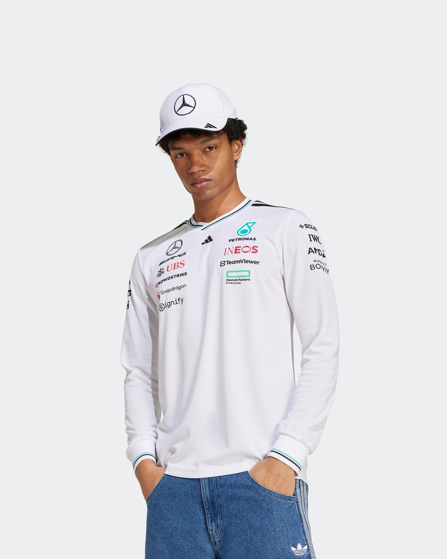 Mens 2025 Authentic Long Sleeve Driver Tee White Mercedes-AMG PETRONAS F1 Team