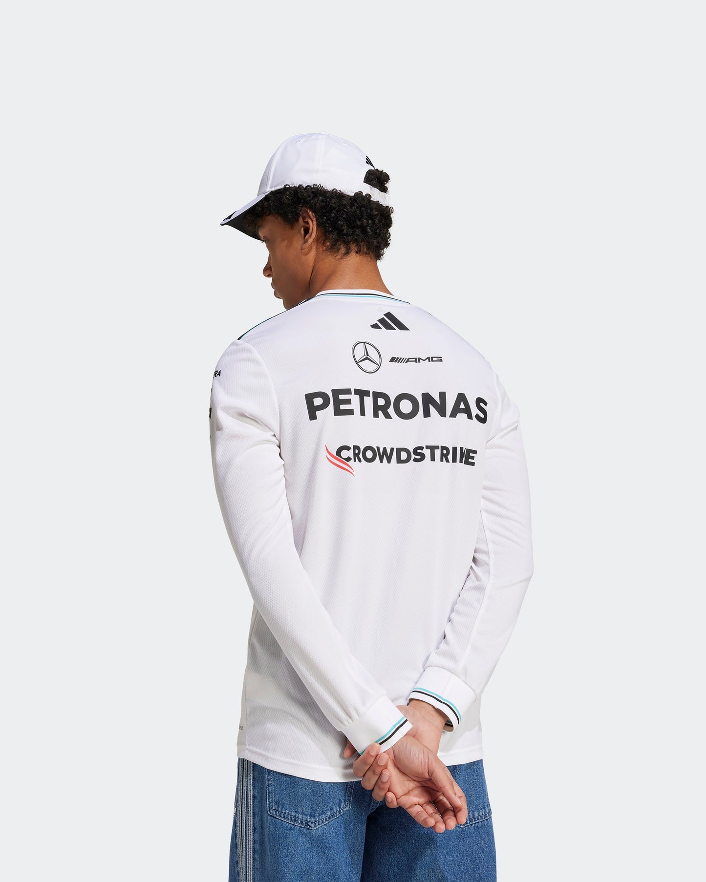 Mens 2025 Authentic Long Sleeve Driver Tee White Mercedes-AMG PETRONAS F1 Team