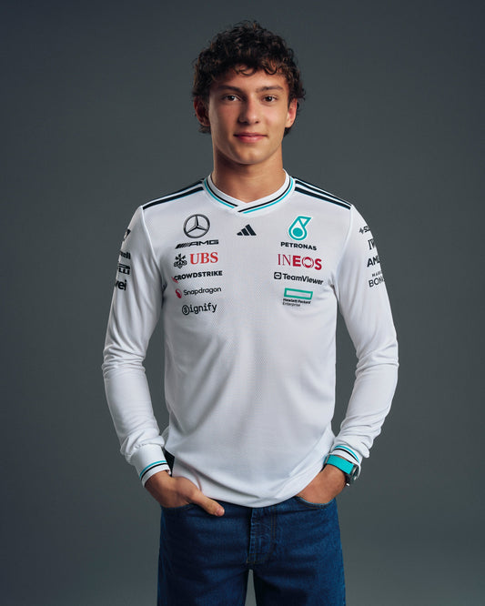Mens 2025 Authentic Long Sleeve Driver Tee White Mercedes-AMG PETRONAS F1 Team