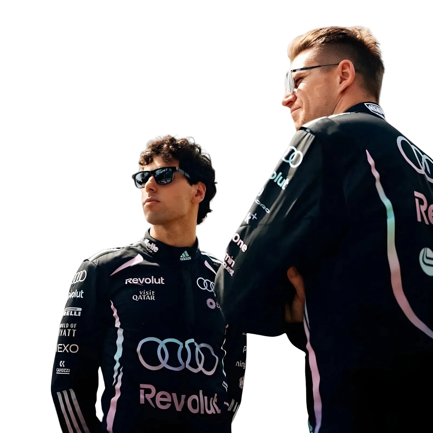 Two individuals wearing Audi racing suits with visible branding on a white background