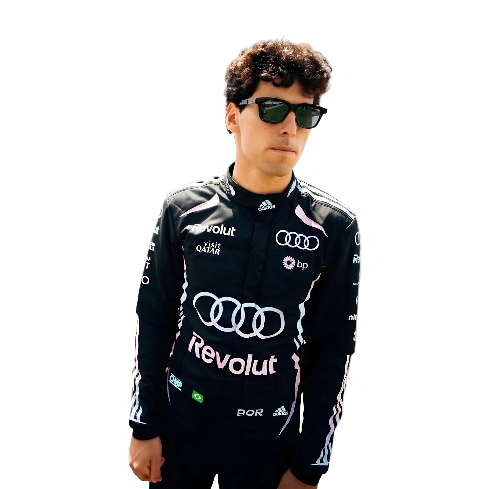 Person wearing a racing suit with Audi and Revolut logos on a white background - Ex Race Gear
