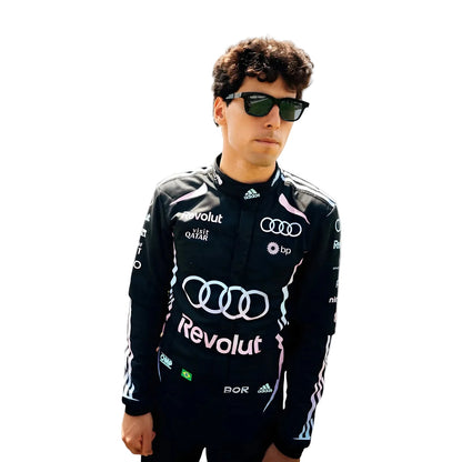 Person wearing a racing suit with Audi and Revolut logos on a white background - Ex Race Gear

