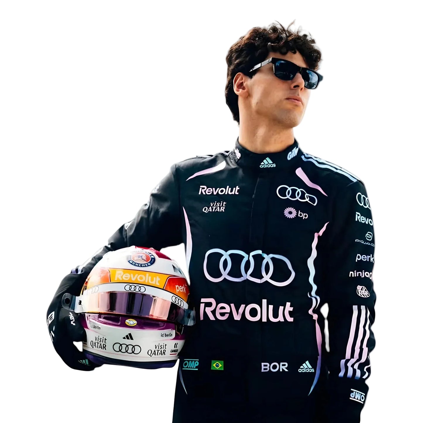 Person in racing suit holding a helmet with visible branding on a white background Ex Race Gear

