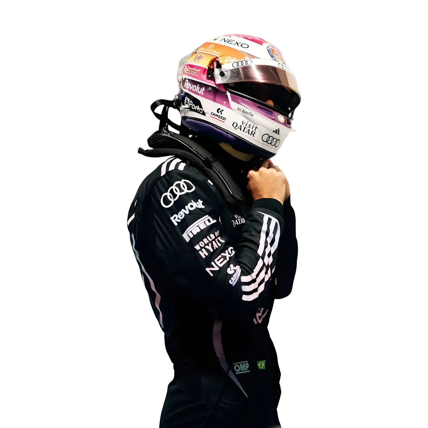 Person wearing a racing suit and helmet with various sponsor logos on a white background Ex Race Gear
