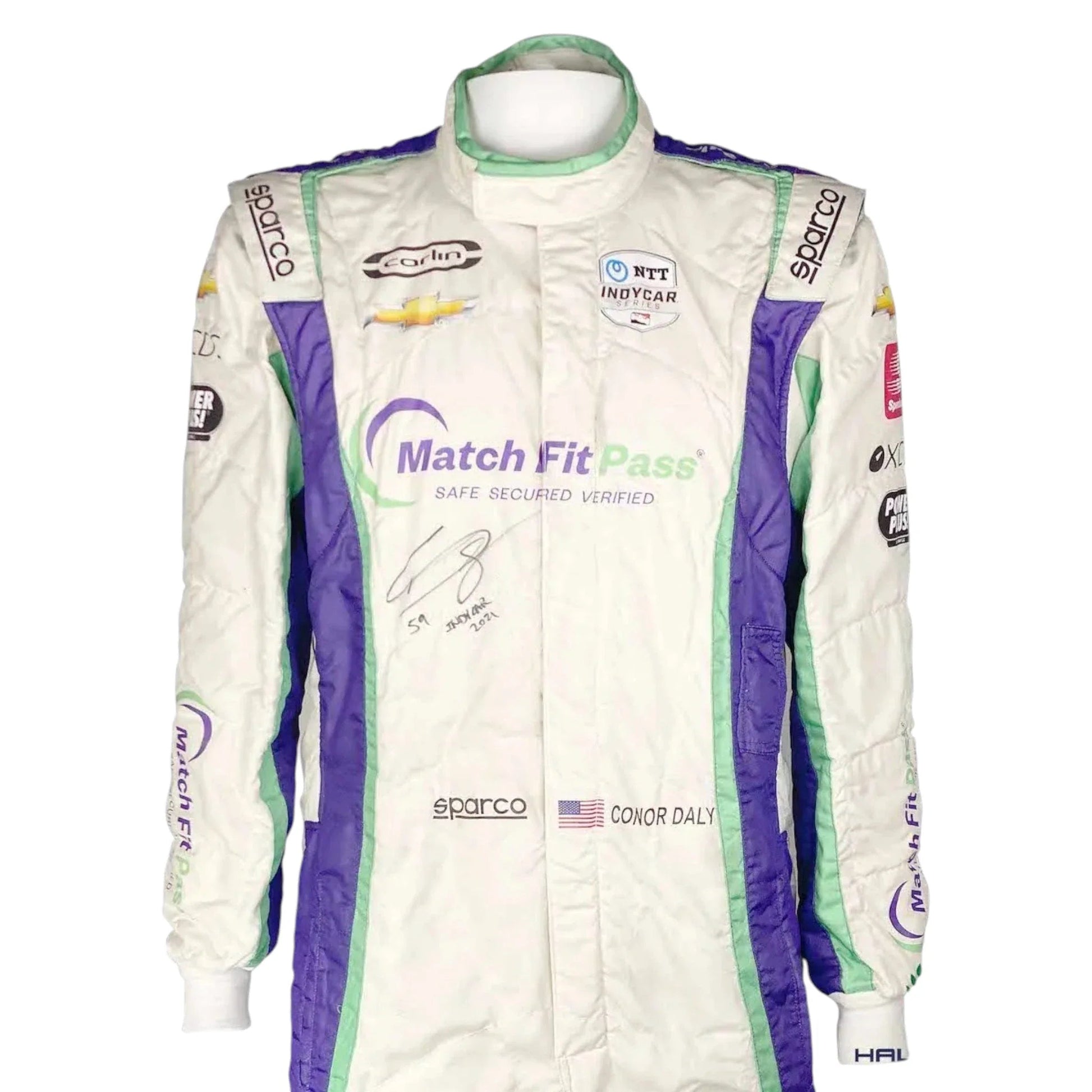 2021 Conor Daly Signed Race Suit - Carlin Racing Gateway Sparco IndyCar Ex Race Gear